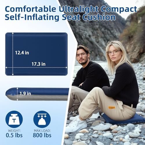 Inflatable Seat Cushion, Lightweight Self-Inflating Memory Foam Seat Cushion for Stadium Camping, Airplane Travel, Bleachers, Waterproof Portable Cushion Chair Pad with Carry Bag (Blue) - Image 2