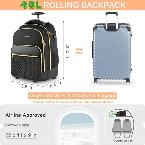 Rolling Backpack Carry On Luggage For Adults With Wheels, 40L Wheeled Backpack For Women, Travel Roller Bag, Black Gold - Image 7