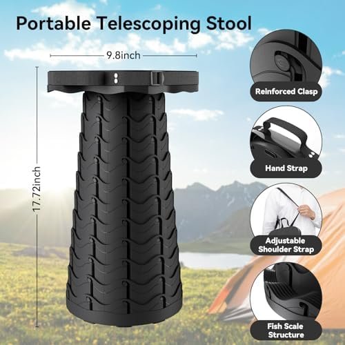 2025 Upgraded Portable Folding Stool, Collapsible Stool, Telescoping Camping Stool with Max Load Capacity 485lbs, Square Retractable Seat for Camping Gardening Fishing Hiking BBQ[Black] - Image 2