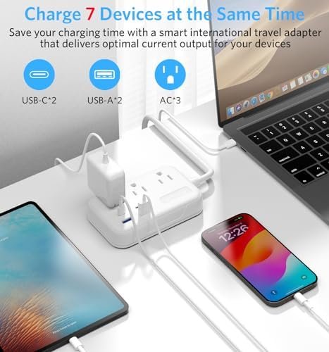 BESTEK European Travel Plug Adapter: UK Travel Plug Adapter- US to UK Europe Travel Power Strip with 20W USB C Charger - 3 AC Outlets, 4 USB Ports (White) - Image 5