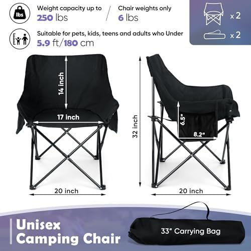 HaSteeL Camping Chair for Adults, Compact Folding Portable Chairs Set with Side Pockets for Outdoors Fishing, Hiking, Backpacking, Picnic, Beach, Travel, Supports to 250lbs, & Storage Bags (Black) - Image 2