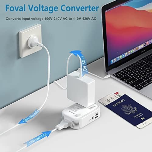 220V to 110V Converter Travel Adapter, FOVAL International Step Down Power Converter for Hair Straightener/Curler with 18W USB-C Port Voltage Converter US to Europe Italy UK AU China Plug (White) - Image 2