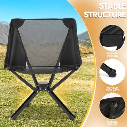 2 Pack Portable Chairs, Camping Chairs Supports 350 LBS ，Lightweight Folding Chair - Backpacking Chair for Outdoor Camping, Beach, Fishing, Picnic, Lawn, Concert, Hiking, Black - Image 6