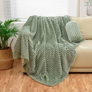 Bnuitland Sage Green Flannel Throw (50X70 inches) with Storage Pouch,300GSM Super Soft Fleece Stripe Pattern Sofa Blanket for Adults and Kids, Lightweight Cozy Bed Throw for Home Decor All Season