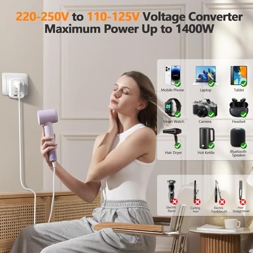 220V to 110V Voltage Converter US to Europe International Universal Travel Adapter, 20W PD With 2 USB-A 2 USB-C Port, Worldwide Power Converter Plug Combo US to Spain Italy Greece White-C - Image 4