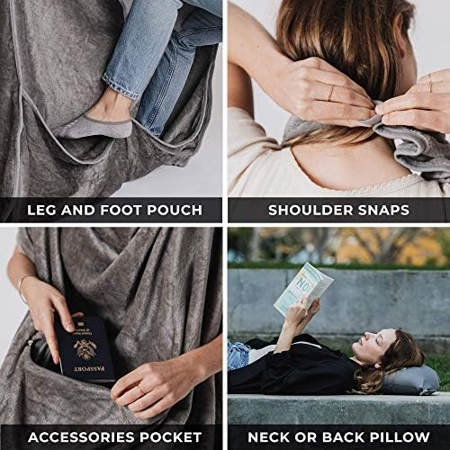 Lightweight Travel Blanket - Premium & Compact Airplane Wearable Blanket with Neck Snaps, Cozy Foot Pockets, Zipper Pouch - Converts into Soft Pillow - Designed for Ultimate Comfort - Shadow - Image 4
