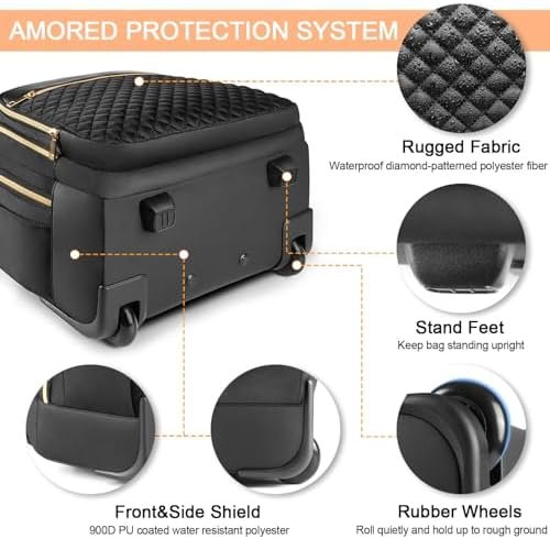 Rolling Backpack Carry On Luggage For Adults With Wheels, 40L Wheeled Backpack For Women, Travel Roller Bag, Black Gold - Image 5