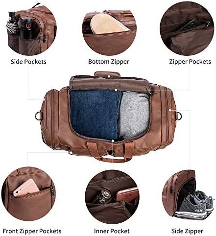 Leather Travel Bag with Shoe Pouch,Weekender Overnight Bag Waterproof Leather Large Carry On Bag Travel Tote Duffel Bag for Men or Women-Brown - Image 5