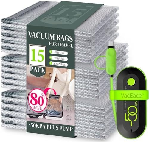 Travel Vacuum Storage Bags with USB Electric Pump, 15 Pack Compression Travel Packing Bags for Luggage and Suitcase, Carry-on Size Space Saver for Clothes and Clothing