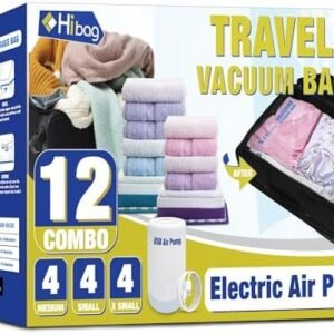 Travel Vacuum Bags with Electric Pump, Vacuum Travel Bags for Luggage and Suitcase, Vacuum Seal Compression Packing Bags for Clothes Clothing, Combo 12 Pack