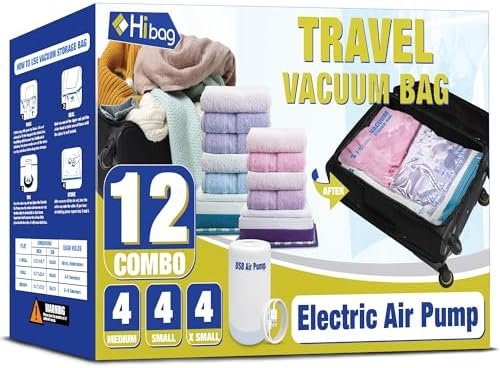Travel Vacuum Bags with Electric Pump, Vacuum Travel Bags for Luggage and Suitcase, Vacuum Seal Compression Packing Bags for Clothes Clothing, Combo 12 Pack