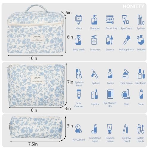 Makeup Bag,Quilted Cosmetic Bag,Large Floral Make Up Bag for Women,Cotton Makeup Bag Set,Flower Travel Toiletry Bag - Image 2