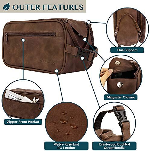PAVILIA Toiletry Bag for Men, Travel Essentials Shaving Dopp Kit, Mens Travel Bag Toiletries Organizer Case for Grooming, PU Leather Water Resistant Cosmetic Bag Pouch (Dark Brown) - Image 3