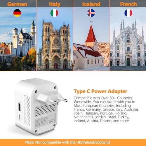 220V to 110V Voltage Converter US to Europe International Universal Travel Adapter, 20W PD With 2 USB-A 2 USB-C Port, Worldwide Power Converter Plug Combo US to Spain Italy Greece White-C - Image 5