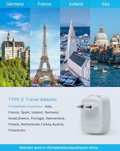 2 Pack European Travel Plug Adapter, VINTAR International Power Plug Adapter with 1 USB C, 2 American Outlets and 3 USB Ports, 6 in 1 Travel Essentials to Most of Europe Greece, Italy(Type C) - Image 2