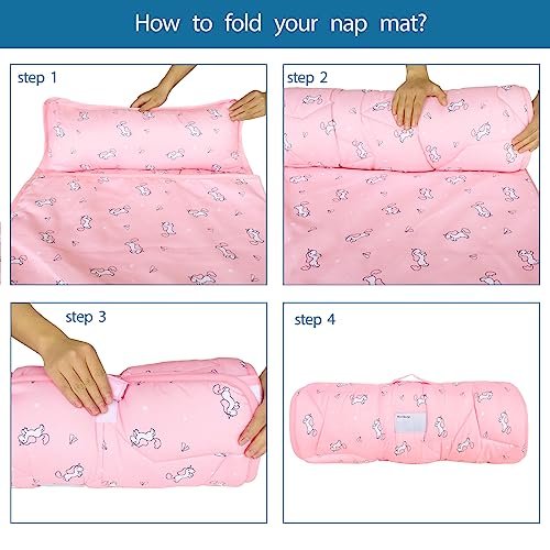 Toddler Nap Mat with Pillow and Blanket 50" x 21" x 1.5", Nap Mat for Boys Girls Super Soft and Cozy, Kids Sleeping Bag for Preschool, Daycare, Toddler Sleeping Bag, Pink Horse - Image 4