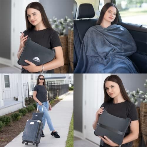 BlueHills 2-Pack Premium Soft Travel Blanket Pillow Airplane Blanket in Soft Bag Pillowcase with Hand Luggage Belt and Backpack Clip, Compact Pack Large Blankets for Any Travel (Grey Gray T013) - Image 2