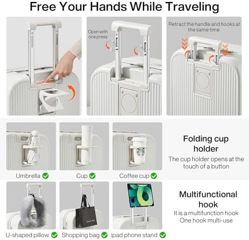 mixi Carry On Luggage with Cup Phone Holder Hard Shell Rolling Travel Suitcase with Spinner Wheels,20 Inch Smoke White - Image 4
