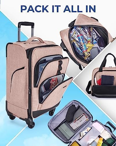 BAGSMART Expandable Carry on Luggage Airline Approved, Lightweight Carry on Suitcase with Spinner Wheels, Family Travel Suitcase with Duffle Bag - Pink - Image 3