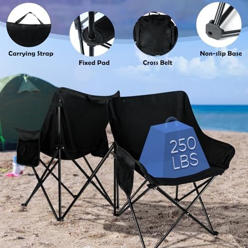 HaSteeL Camping Chair for Adults, Compact Folding Portable Chairs Set with Side Pockets for Outdoors Fishing, Hiking, Backpacking, Picnic, Beach, Travel, Supports to 250lbs, & Storage Bags (Black) - Image 5