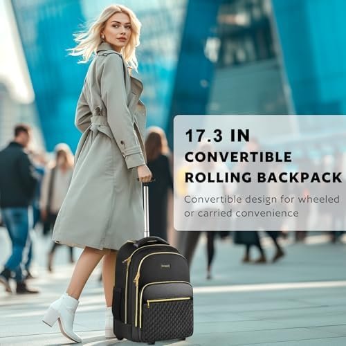 Rolling Backpack Carry On Luggage For Adults With Wheels, 40L Wheeled Backpack For Women, Travel Roller Bag, Black Gold - Image 2