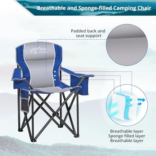 2PCS Folding Camping Chair, Heavy Duty Portable Lawn Chairs with Cooler Bag, Side Pocket & Cup Holder, Folding Chairs for Outside Support 450lbs Blue - Image 6