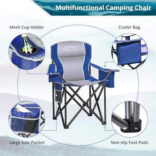 2PCS Folding Camping Chair, Heavy Duty Portable Lawn Chairs with Cooler Bag, Side Pocket & Cup Holder, Folding Chairs for Outside Support 450lbs Blue - Image 4