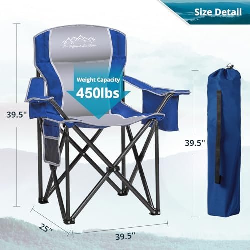 2PCS Folding Camping Chair, Heavy Duty Portable Lawn Chairs with Cooler Bag, Side Pocket & Cup Holder, Folding Chairs for Outside Support 450lbs Blue - Image 2