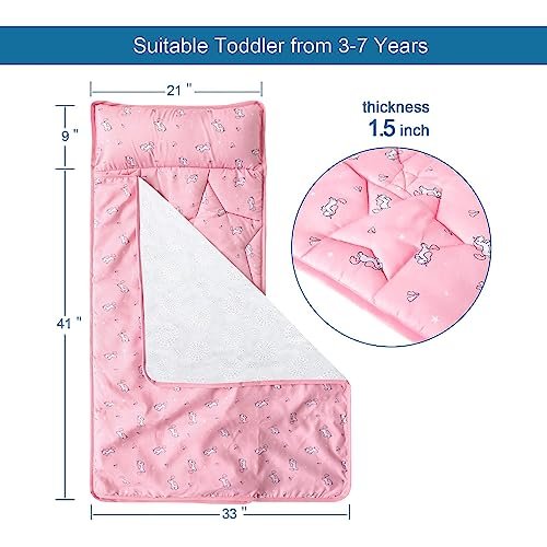 Toddler Nap Mat with Pillow and Blanket 50" x 21" x 1.5", Nap Mat for Boys Girls Super Soft and Cozy, Kids Sleeping Bag for Preschool, Daycare, Toddler Sleeping Bag, Pink Horse - Image 3