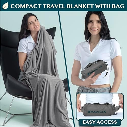 PAVILIA Travel Blanket Airplane Compact with Bag, Soft Packable Plane Blanket Kids Adults, Portable Camping Flight Essentials, Travelers Gifts Accessories, Luggage Backpack Strap, 65x40 Gray - Image 2
