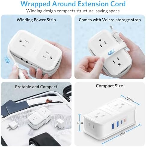 BESTEK European Travel Plug Adapter: - 4 Outlets 4 USB Ports (2 USB C) with 3.6FT Wrapped Short Extension Cord, Small Portable Desktop Charging Station, Compact for Hotel Travel Cruise Essentials - Image 3
