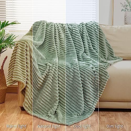 Bnuitland Sage Green Flannel Throw (50X70 inches) with Storage Pouch,300GSM Super Soft Fleece Stripe Pattern Sofa Blanket for Adults and Kids, Lightweight Cozy Bed Throw for Home Decor All Season - Image 7