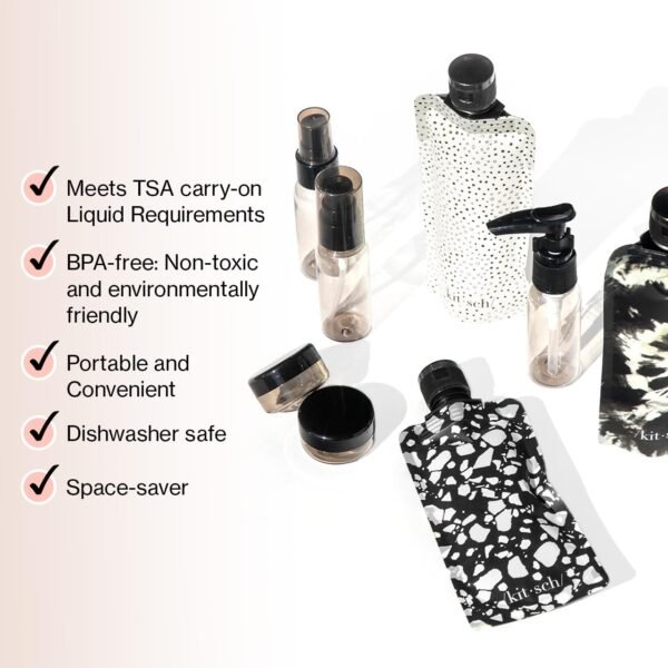 Kitsch 11 PCS Travel Bottles for Toiletries – Travel Essentials Kit for Shampoo, Conditioner, Lotion & More - TSA Approved Travel Bottles, Leak-Proof Refillable Travel Size Containers - Black & Ivory - Image 3