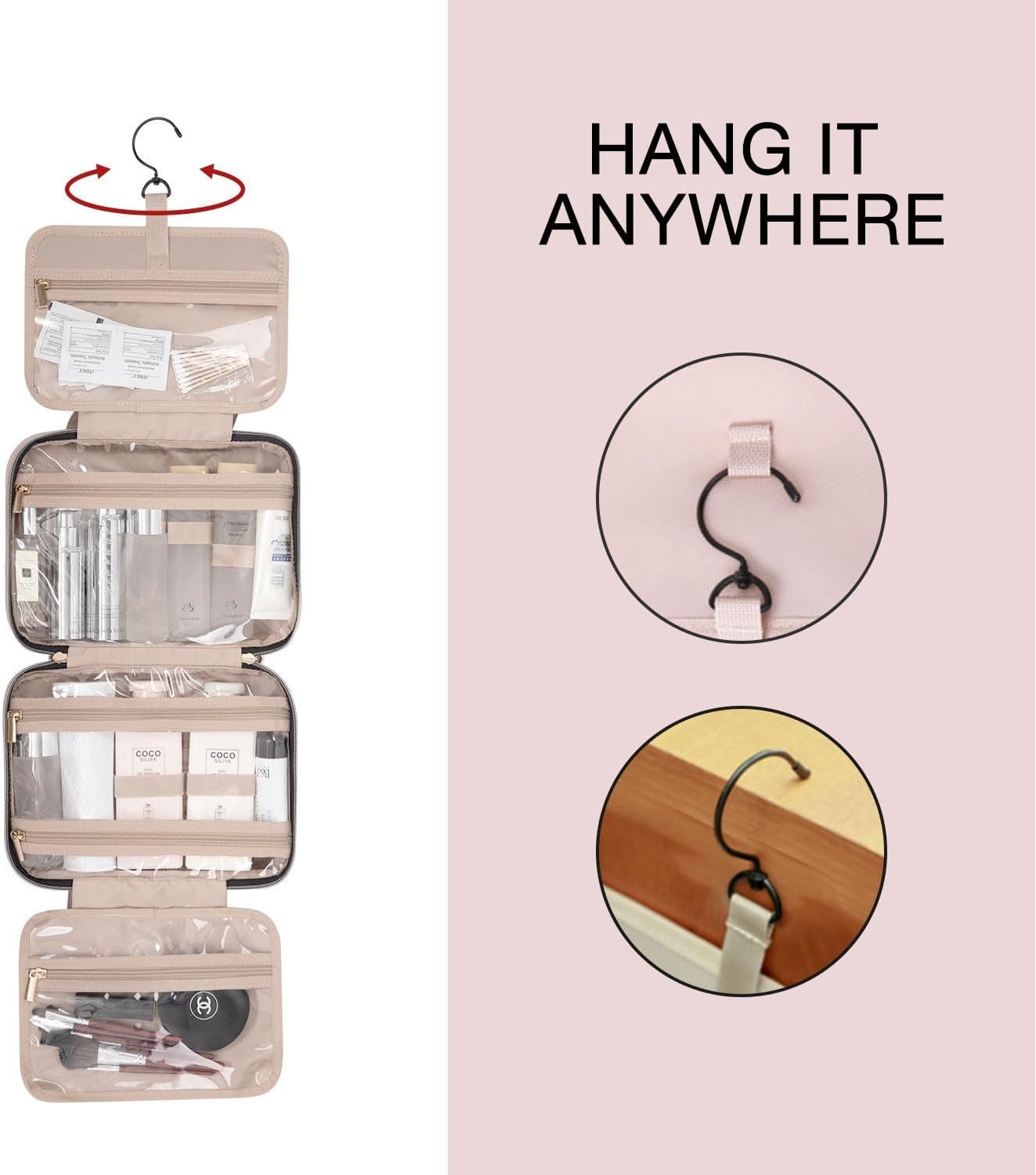 BAGSMART Toiletry Bag Travel Bag with Hanging Hook, Water-resistant Makeup Cosmetic Bag Travel Organizer for Accessories, Shampoo, Full Sized Container, Toiletries (Medium-Grey) - Image 2