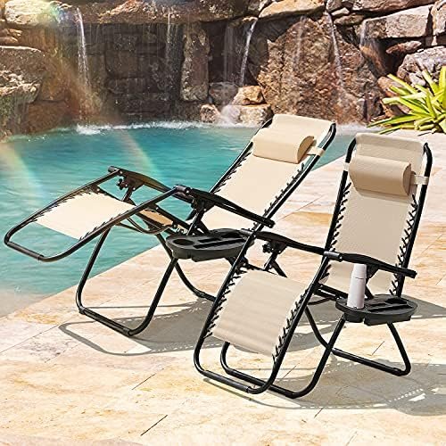 Homall Zero Gravity Chair Adjustable Folding Lawn Lounge Chairs Outdoor Lounge Gravity Chair Camp Reclining Lounge Chair with Pillows for Poolside Backyard and Beach Set of 2 (Cream-Coloured) - Image 2