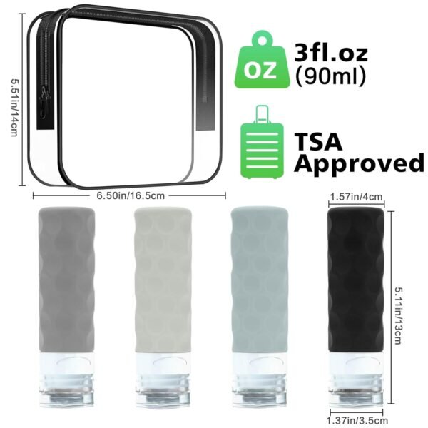 Travel Bottles for Toiletries, 4pcs Tsa Approved 3oz Travel Size Containers, BPA Free Leak Proof Premium Silicone Bottles, Refillable Liquid Squeezable Accessories W/Toiletry Bag - Image 2