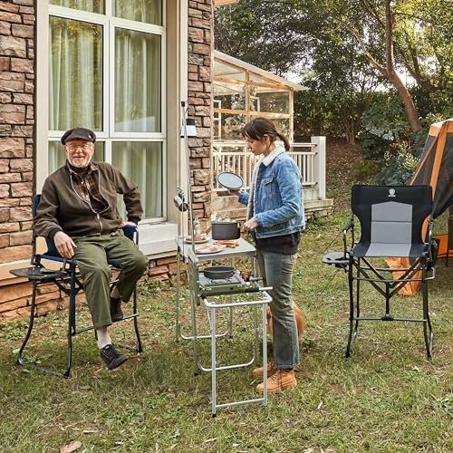 EVER ADVANCED Portable 30.7" Seat Height Tall Folding Camping Chair Directors Chair High Foldable Bar Stool with Side Table for Makeup Artist, Sports Event, Craft Show, Supports 350LBS Black Grey - Image 2