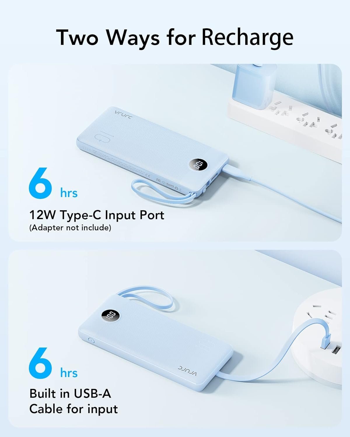 VRURC 10000mAh Power Bank Built-in Cables, Portable Charger with LED Display, Slim Travel Battery Pack with Cords, 5 Output Dual Input Phone Charger for Cell Phone Smart Devcies-Blue(1 Pack) - Image 6