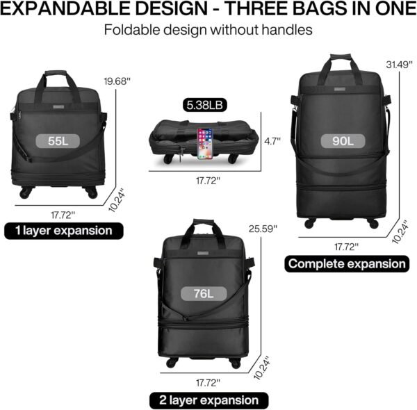 Hanke Suitcases with Wheels Expandable Foldable Luggage Bag Suitcase Collapsible Rolling Travel Bag Duffel Bag for Men Women Lightweight Suitcases without Telescoping Handle, Black - Image 2