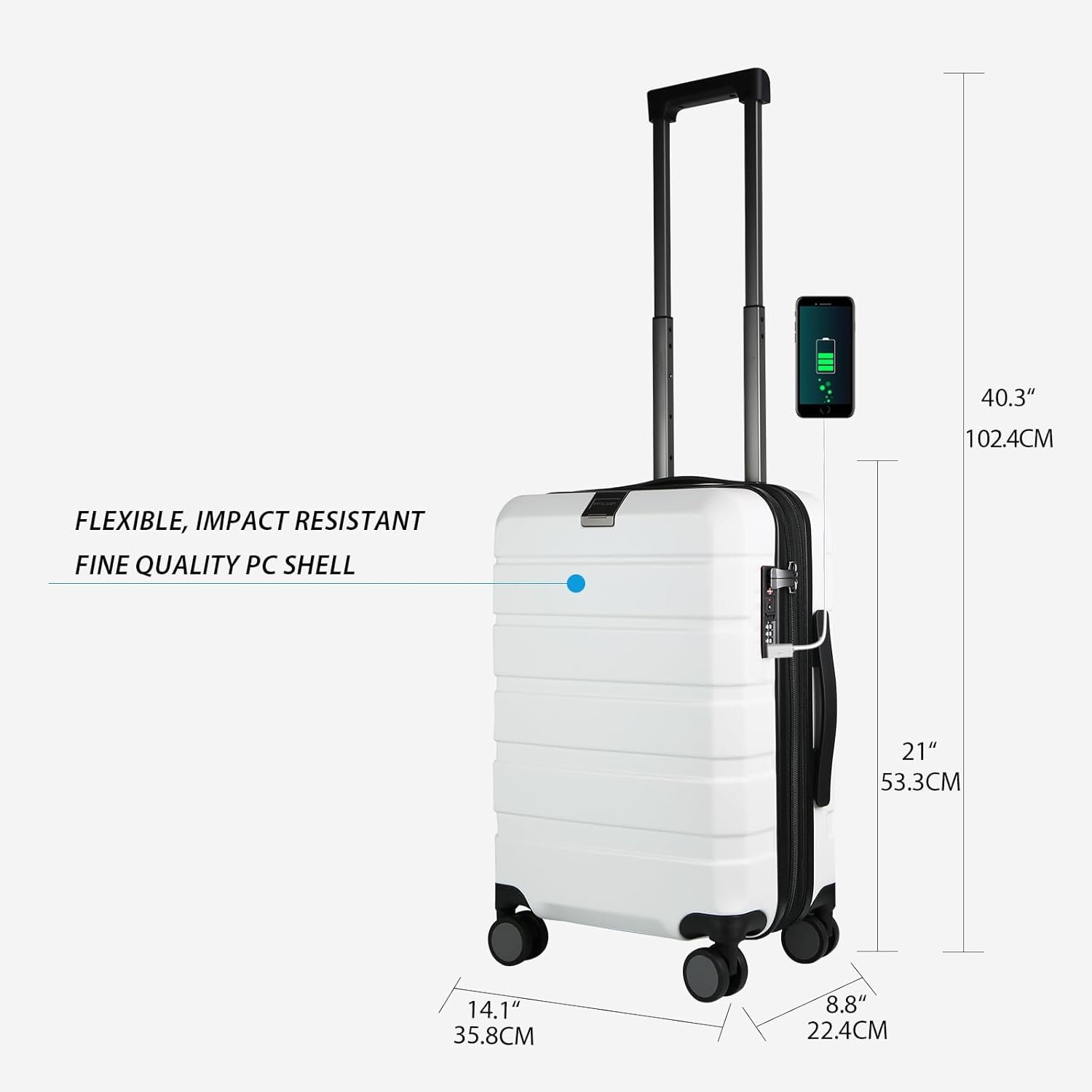 KROSER Hardside Expandable Carry On Luggage with Spinner Wheels & Built-in TSA Lock, Durable Suitcase Rolling Luggage with USB Port, Carry-On 20-Inch, White - Image 2