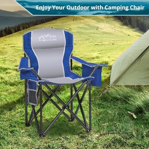 2PCS Folding Camping Chair, Heavy Duty Portable Lawn Chairs with Cooler Bag, Side Pocket & Cup Holder, Folding Chairs for Outside Support 450lbs Blue - Image 3