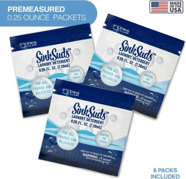 SinkSuds Laundry Detergent, Travel Size Liquid Soap, TSA Compliant, Safe For All Fabrics, 8 Packets (Packaging May Vary) - Image 5
