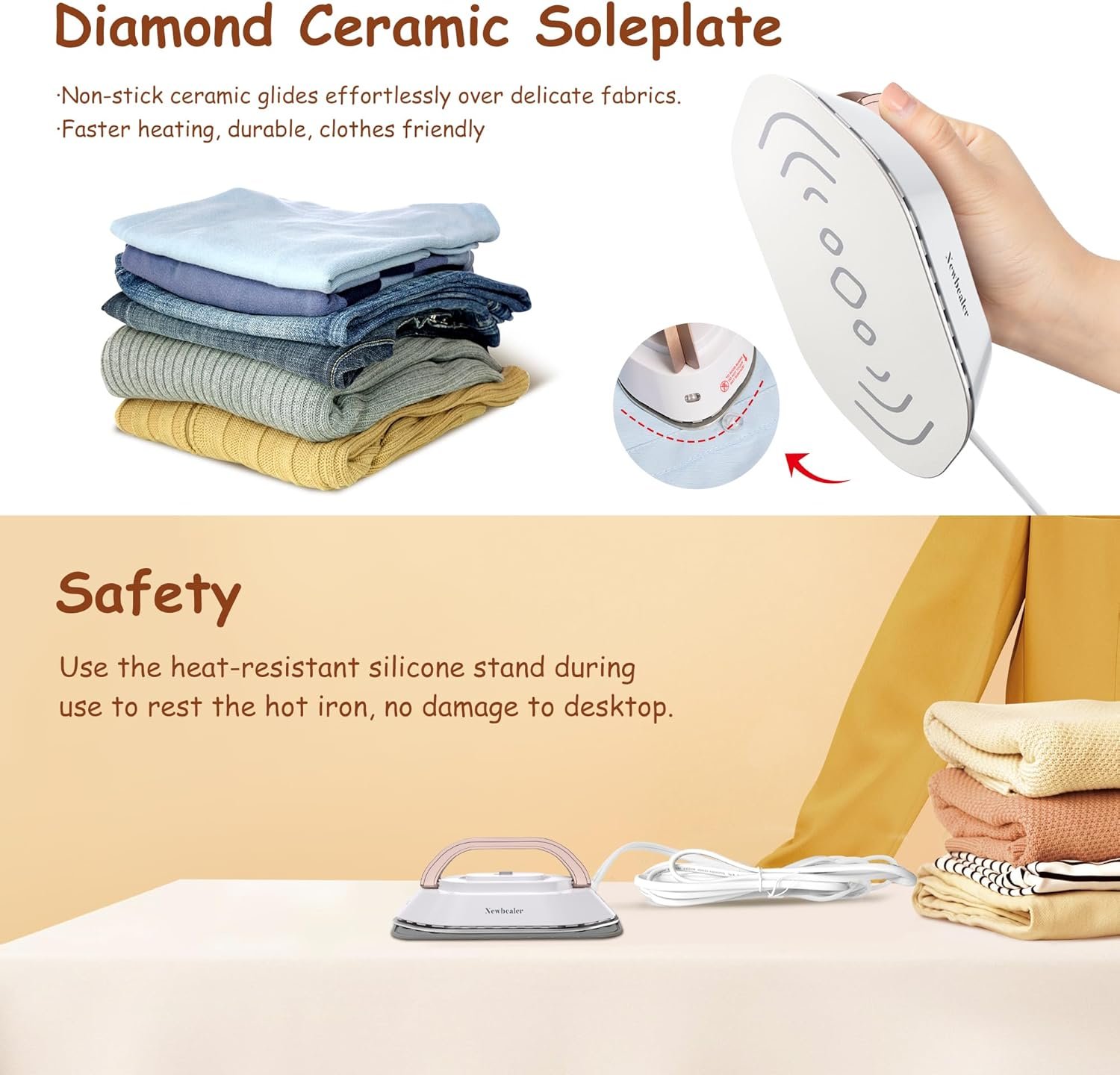 Newbealer Travel Iron with Global Voltage, 100-240V Mini Dry Iron for Clothes (No Steam), Max 300W, 60s Heat Up, 302℉ Non-Stick Ceramic Soleplate, 0.8lbs Ultra-Lightweight (Gold) - Image 8