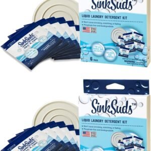SinkSuds Laundry Detergent Travel Size Liquid Soap TSA Compliant Safe for All Fabrics 12 Packets & 2 Sink Stoppers