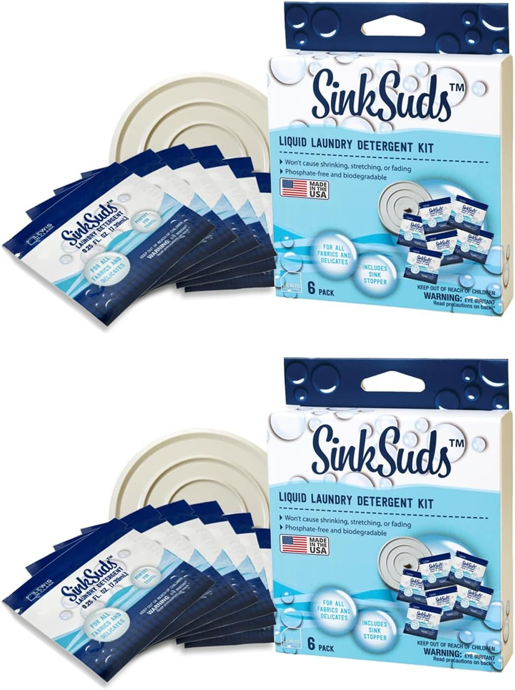SinkSuds Laundry Detergent Travel Size Liquid Soap TSA Compliant Safe for All Fabrics 12 Packets & 2 Sink Stoppers