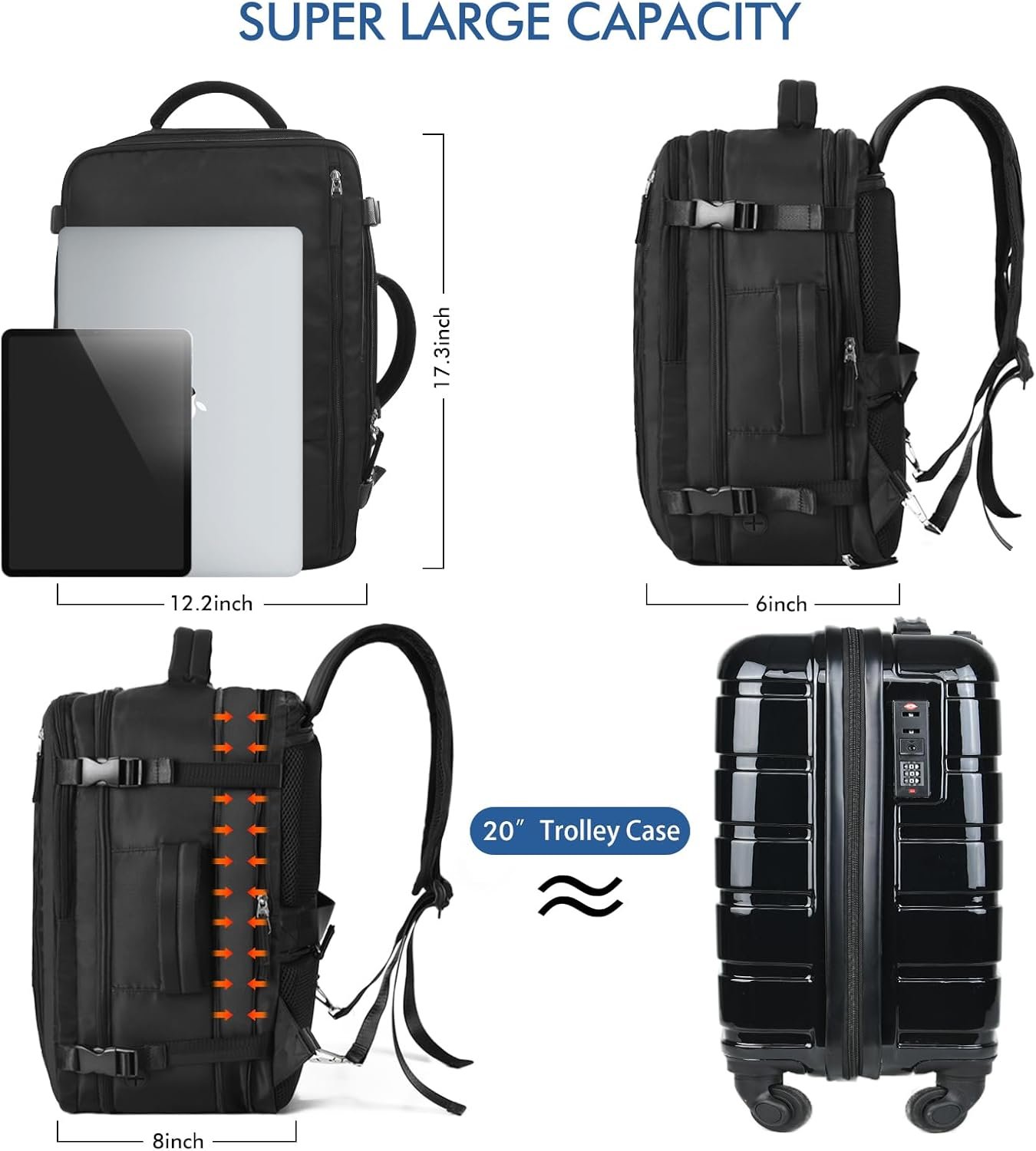 Beraliy Travel Backpack for Men Women, Large Carry On Backpack, Personal Item Bag Airline Approved, 17 inch Laptop Backpack, Business Work Gym Weekender Bag, Black - Image 5