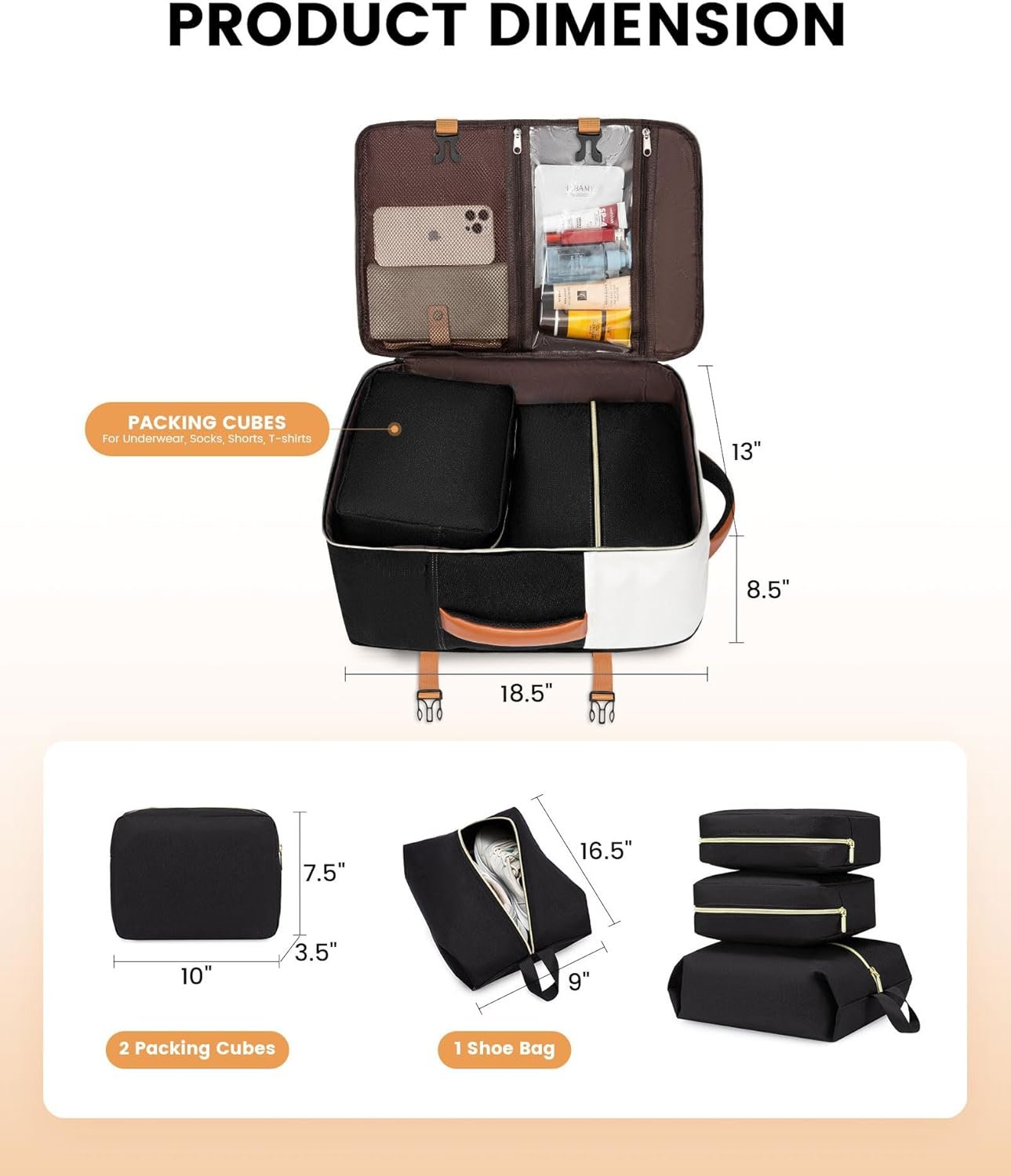 LOVEVOOK Travel Backpack for Women, TSA Carry On Backpack Flight Approved Luggage, 40L Water Resistant Personal Item Daypack Large Weekender Bag fit 17 inch Laptop with 3 Cubes, Beige-black-brown - Image 6