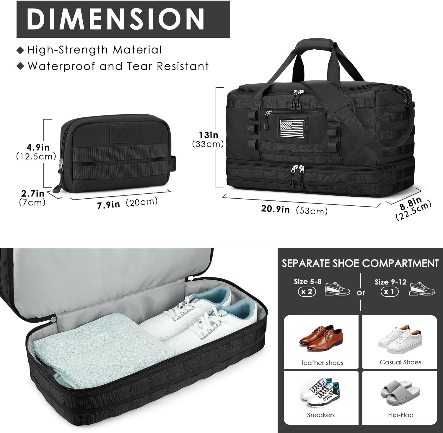 ETRONIK Travel Bag for Men Women, Gym Bag & Tactical Duffle Bags for Travel, Carry on with Toiletry Bag and Shoe Compartment, Weekender Overnight Trip with Wet Pocket for Workout Medical, Black - Image 4