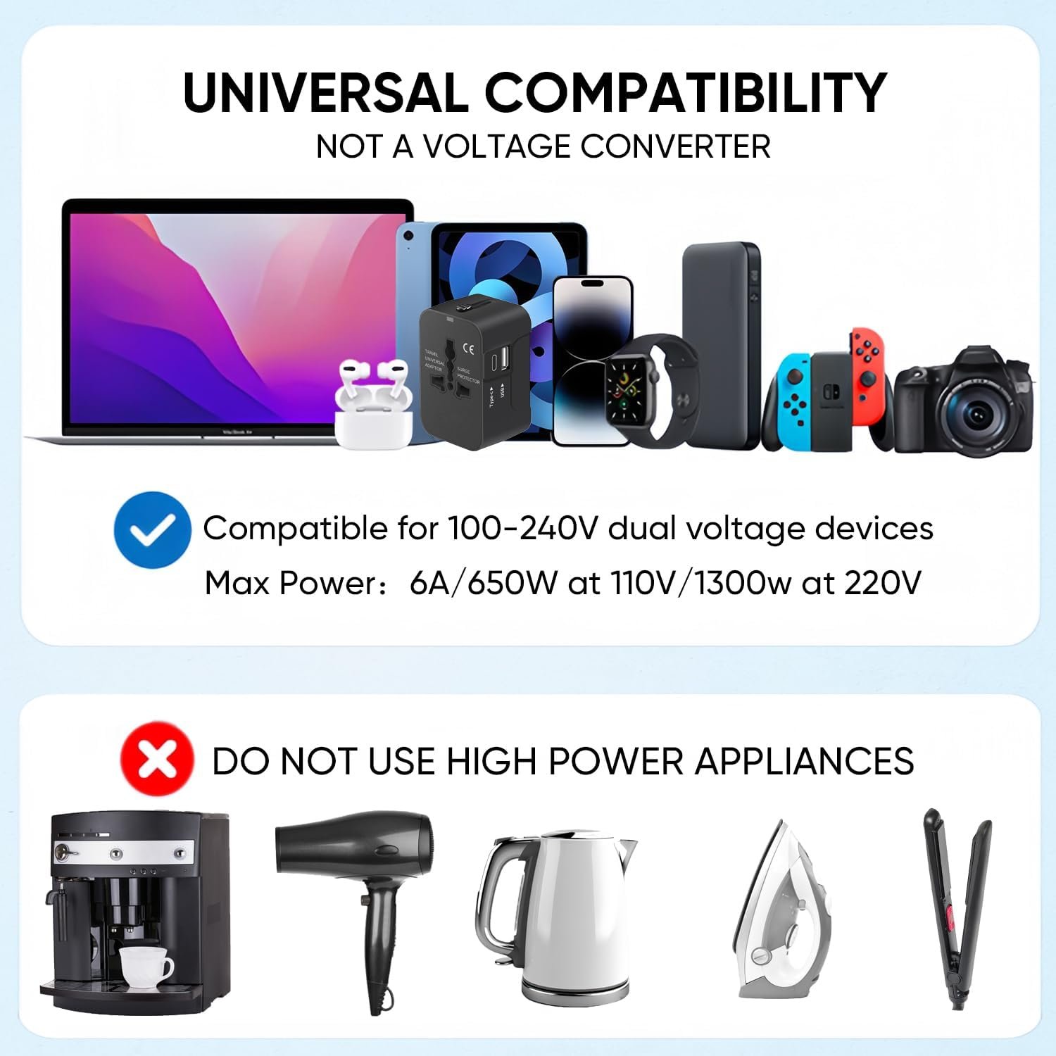 Travel Adapter, Worldwide All in One Universal Travel Adaptor AC Power Plug Adapter Wall Charger with USB-C and USB-A Charging Ports for USA EU UK AUS Black - Image 6