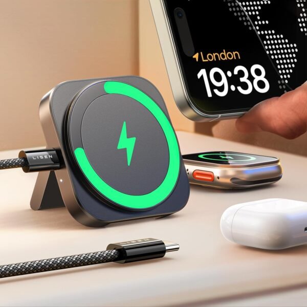 LISEN for MagSafe Charger Stand for iPhone Magnetic Apple Watch Airpods Charging, Minimalist Travel Charger Magnetic Wireless Charger iPhone for MagSafe Accessories Apple 16 Pro Max iwatch Airpods